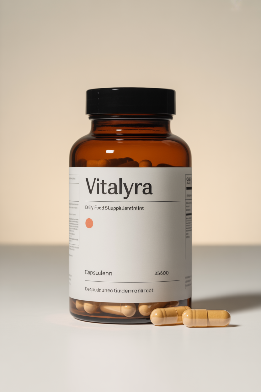 Amber glass supplement bottle with capsules representing Vitalyra daily food supplement